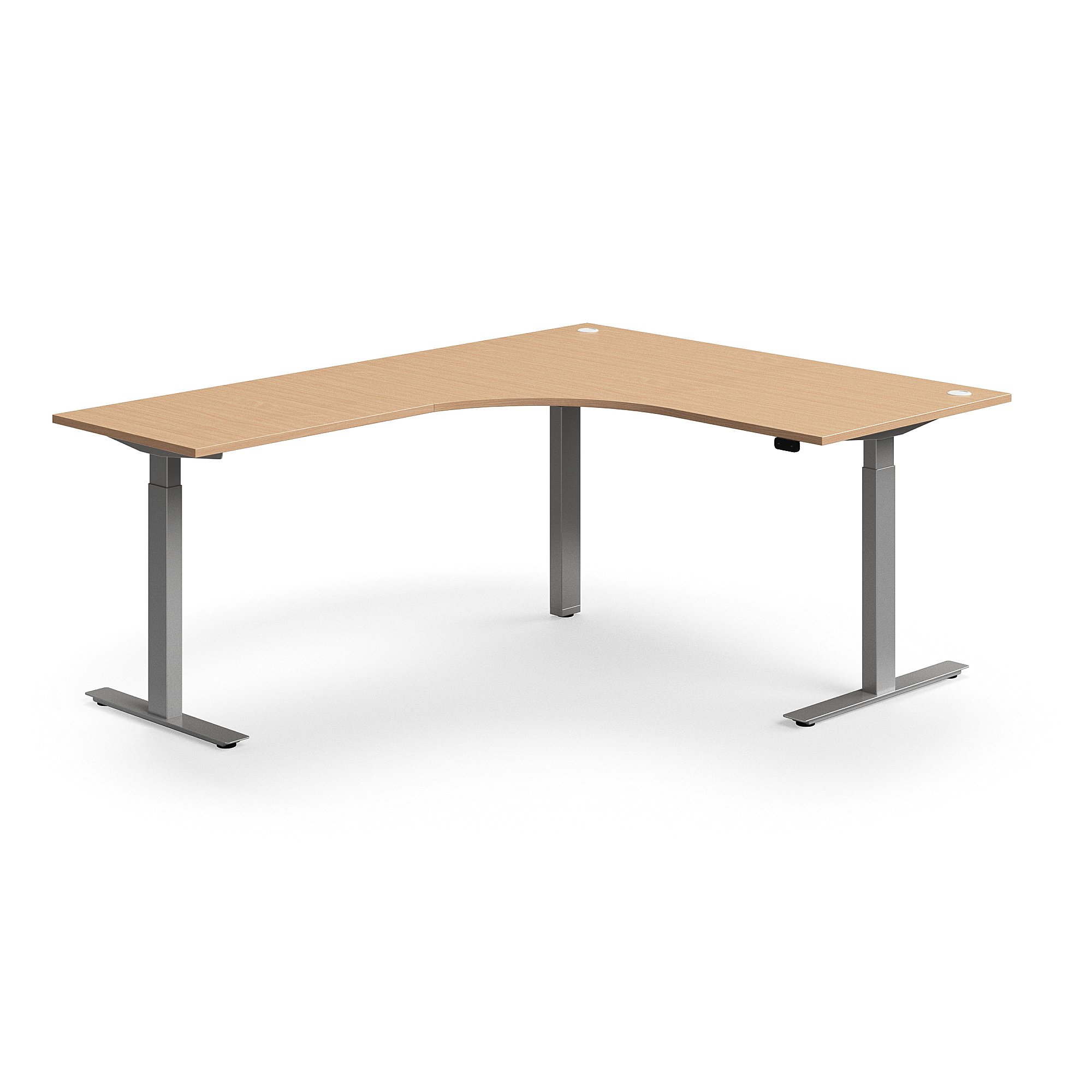 Výškovo nastaviteľný stôl FLEXUS, rohový, 1600x2000 mm, strieborný rám, buk