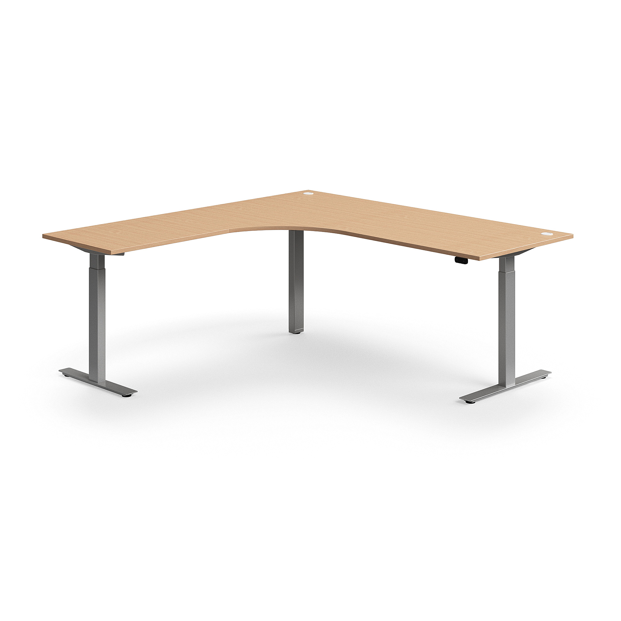 Výškovo nastaviteľný stôl FLEXUS, rohový, 2000x2000 mm, strieborný rám, buk