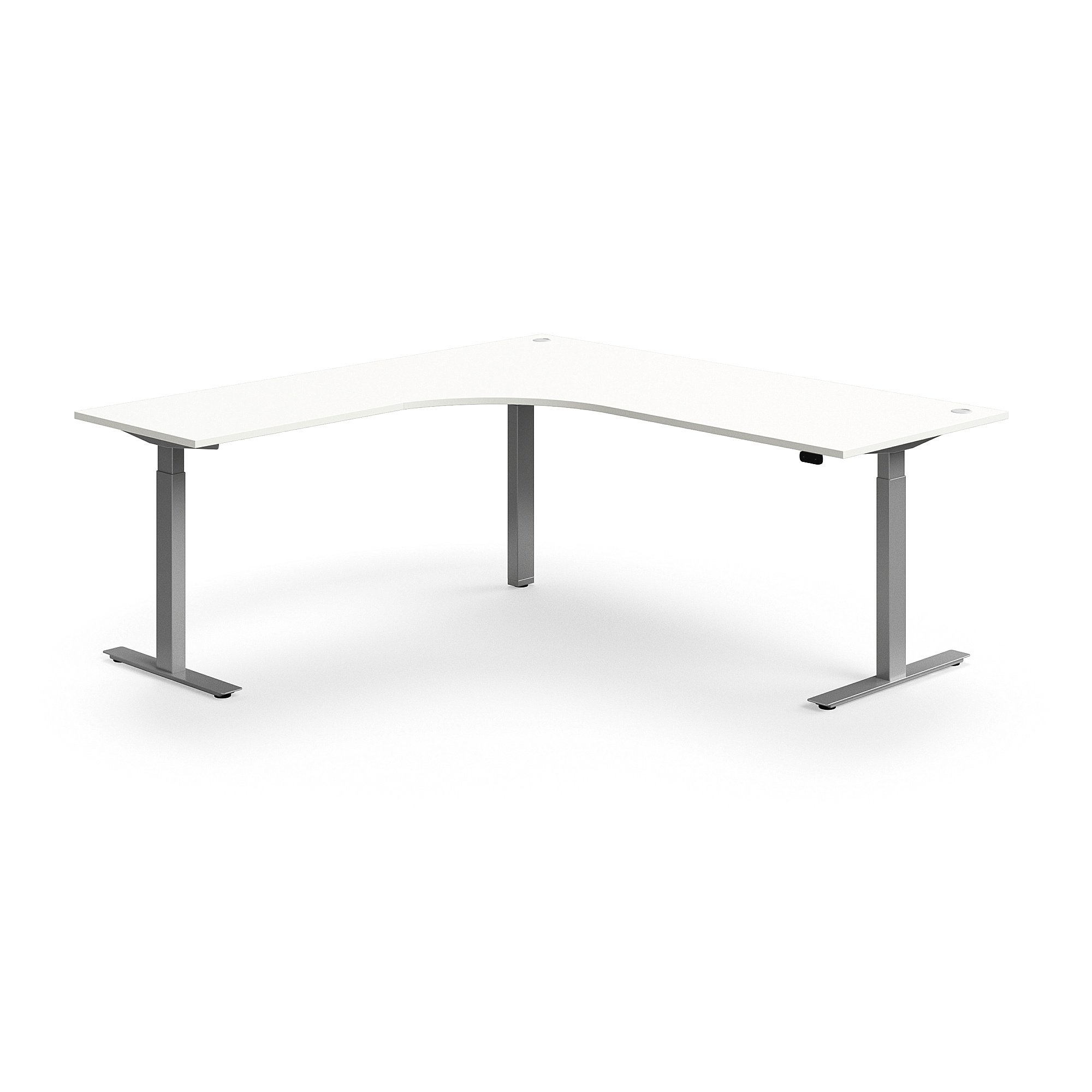 Výškovo nastaviteľný stôl FLEXUS, rohový, 2000x2000 mm, strieborný rám, biela