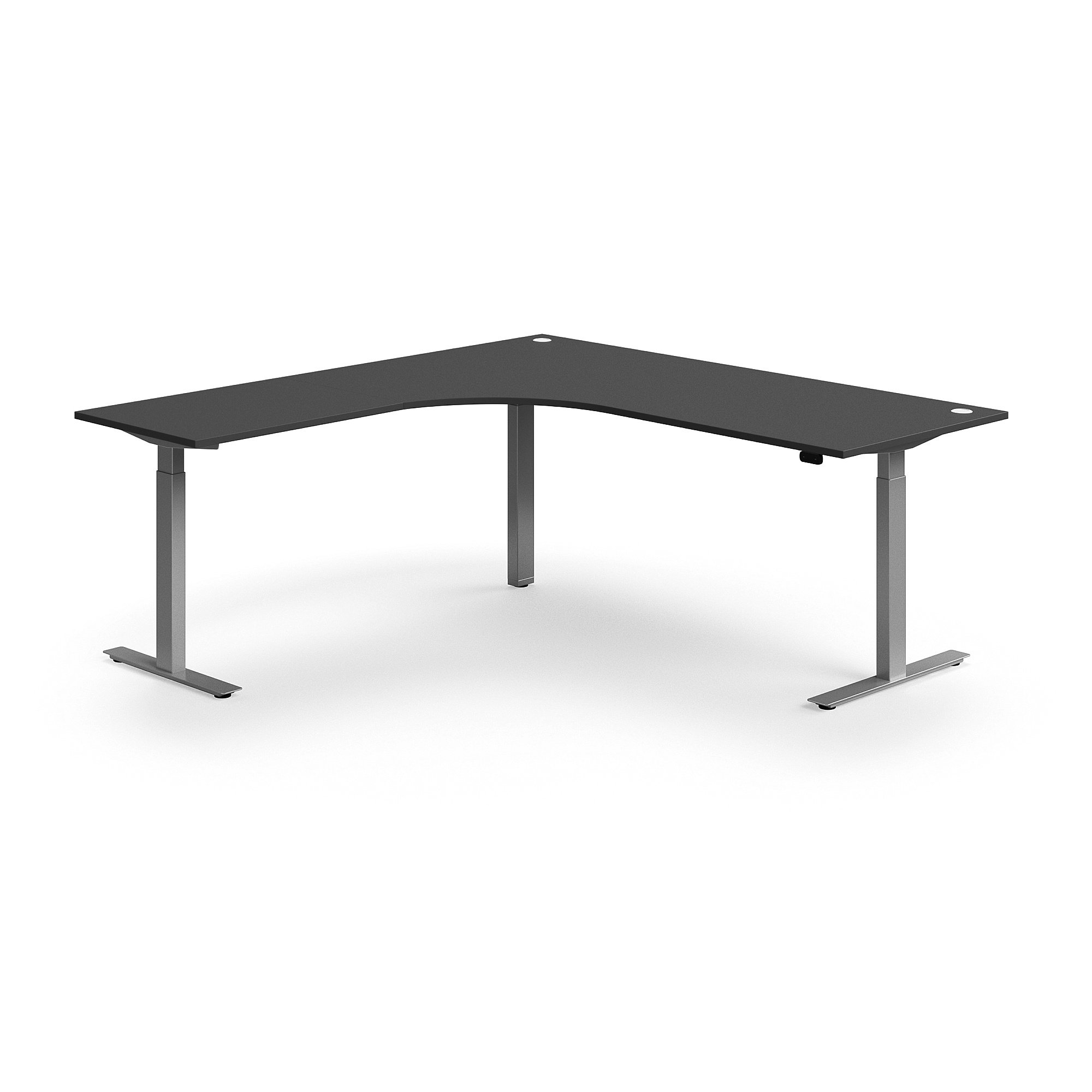 Výškovo nastaviteľný stôl FLEXUS, rohový, 2000x2000 mm, strieborný rám, šedá