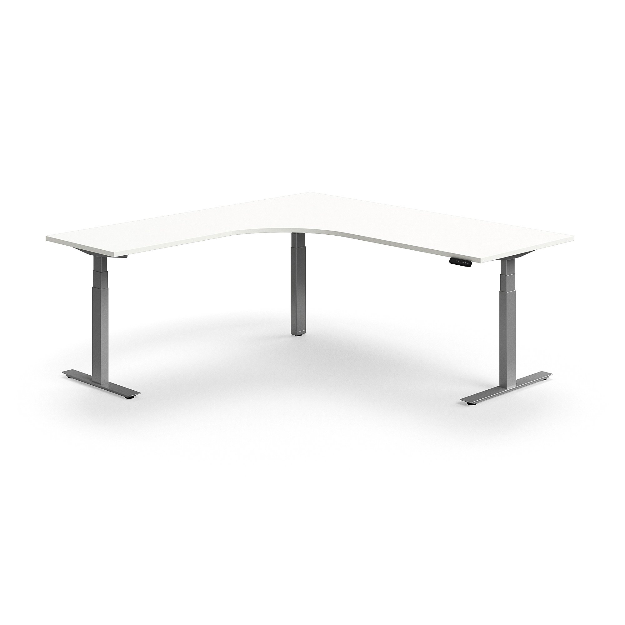 Výškovo nastaviteľný stôl QBUS, rohový, 2000x2000 mm, strieborný rám, biela