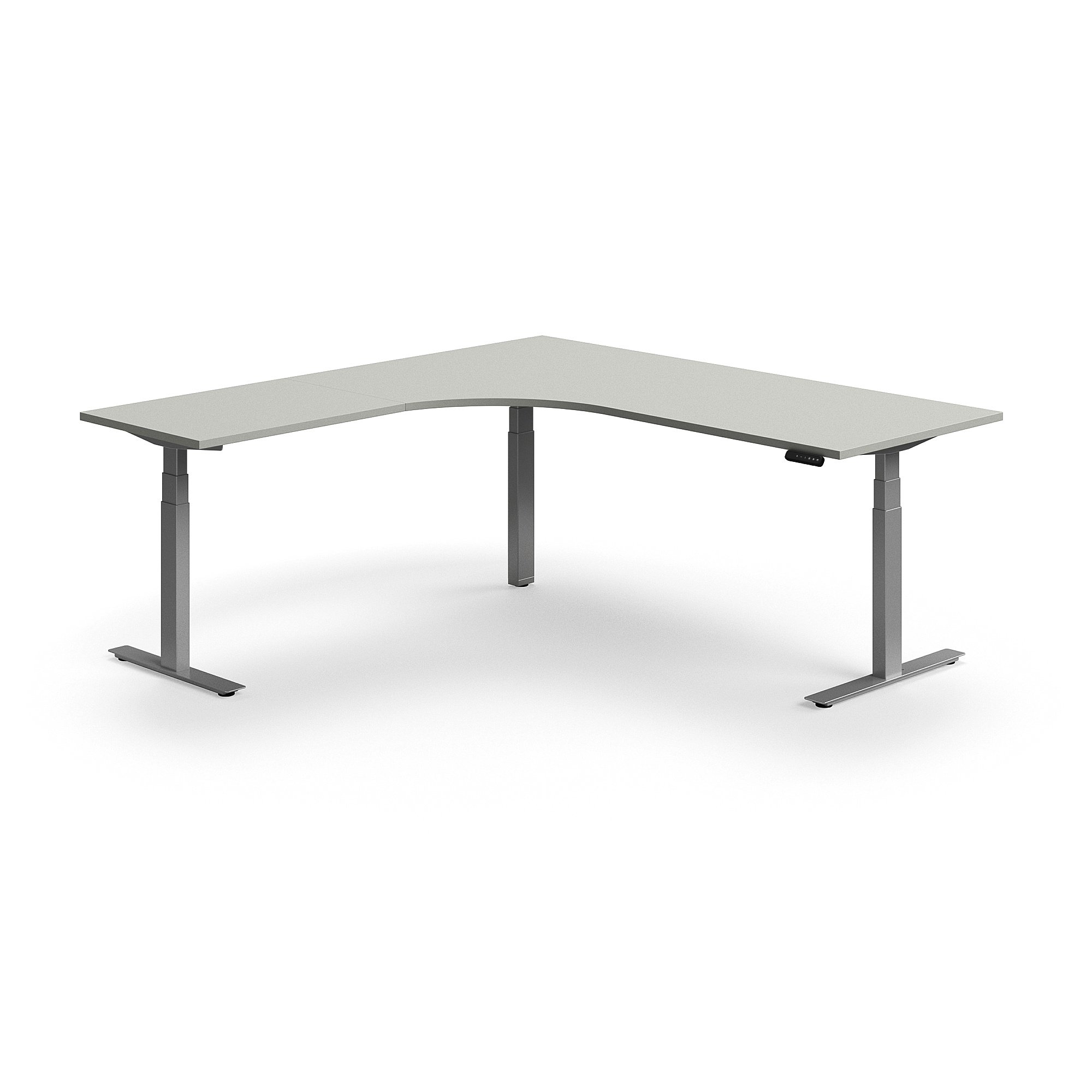 Výškovo nastaviteľný stôl QBUS, rohový, 2000x2000 mm, strieborný rám, svetlošedá