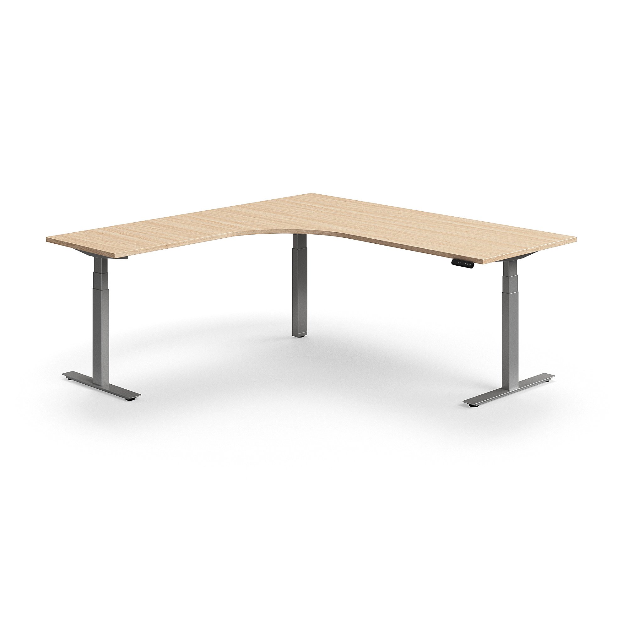 Výškovo nastaviteľný stôl QBUS, rohový, 2000x2000 mm, strieborný rám, dub